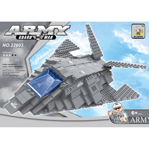 AUSINI Military Stealth Bomber Kids Blockset packaging showing a gray model of a stealth bomber on the front, with the number 259 indicating the number of pieces in the set.