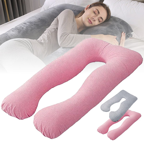 A pregnancy body pillow in a U-shape design, shown in pink, with a person resting on it, and two additional cushion components in gray.