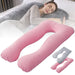 A pregnancy body pillow in a U-shape design, shown in pink, with a person resting on it, and two additional cushion components in gray.