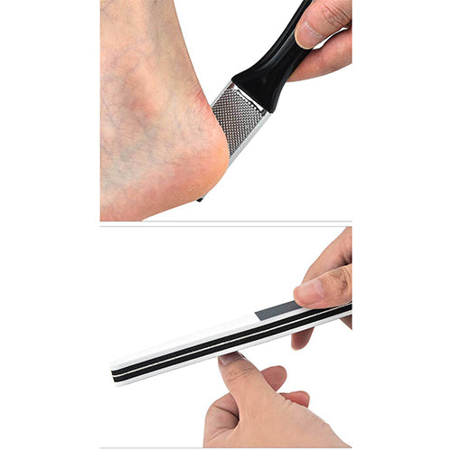 Top: Hand using a metal-grated foot file on a heel. Bottom: Hands holding a multi-sided nail buffer/file.