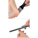 Top: Hand using a metal-grated foot file on a heel. Bottom: Hands holding a multi-sided nail buffer/file.