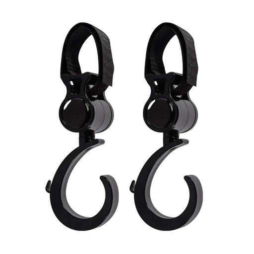 Two black multi-purpose hooks designed to attach to strollers, made of ABS material.
