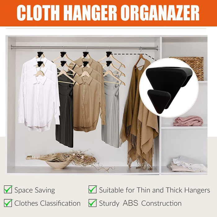 
An illustrative product image for a closet organizer showing black vertical hanger connectors or space-saving hanger hooks in use inside a white wardrobe. The clothes hanger hooks are connecting multiple garments (white shirts, beige shirts, and dresses) vertically, maximizing space on the closet rod. An inset graphic on the right displays a close-up of a single black triangular hanger hook.