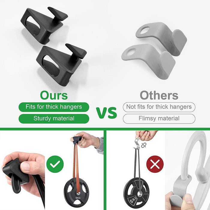 A product comparison image contrasting two black, sturdy vertical hanger connectors ("Ours") with two gray, flimsy ones ("Others"). It highlights the black connectors' ability to "fit thick hangers" and their "sturdy material," showing them holding a 5kg weight. The gray connectors are shown as "flimsy material," breaking under the same weight, demonstrating the black space-saving hanger hooks as superior closet organizer hooks.