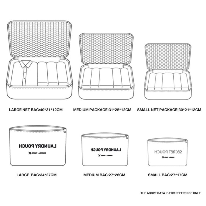 A line art diagram details the dimensions of a six-piece travel packing cube set, showing three zippered mesh-top cubes and three flat laundry/secret pouches with their respective length, width, and height measurements.