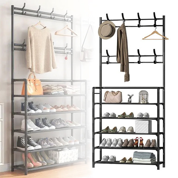 A multifunctional coat, hat, and shoe rack with multiple shelves and hooks, in black color.