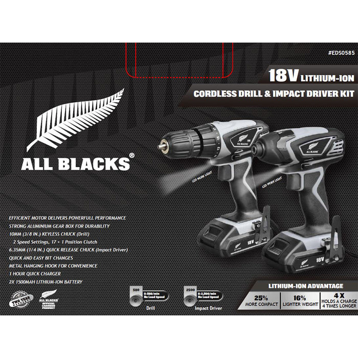 ALL BLACKS 2pc 18V Lithium-Ion Cordless Drill & Impact Driver Kit
