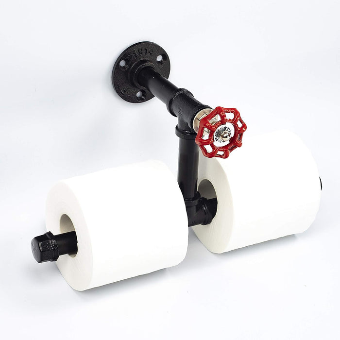 Wall mounted industrial pipe toilet paper holder with two rolls of toilet paper on it, featuring a black matte finish and mounted rods with a flange diameter.