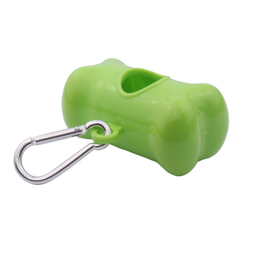 A bright green, bone-shaped plastic pet waste bag dispenser with an attached silver carabiner clip, shown against a white background.