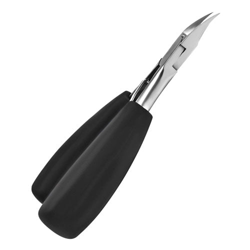 A high-angle product shot of a single pair of professional nail clippers (or toenail nippers) featuring thick, black, non-slip ergonomic handles and sharp, angled stainless steel blades, set against a white background.