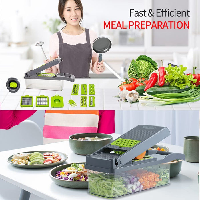 A two-panel ad for a vegetable chopper set promoting "Fast & Efficient MEAL PREPARATION." It shows a woman with the gray and green chopper, all its interchangeable blades, and fresh produce, and a second shot shows the chopper in use, filled with chopped vegetables.
