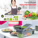 A two-panel ad for a vegetable chopper set promoting "Fast & Efficient MEAL PREPARATION." It shows a woman with the gray and green chopper, all its interchangeable blades, and fresh produce, and a second shot shows the chopper in use, filled with chopped vegetables.