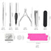 Detailed layout of pedicure and manicure tools with dimensions and labels, including cuticle tools, files, clippers, nippers, blades, and toe separators.