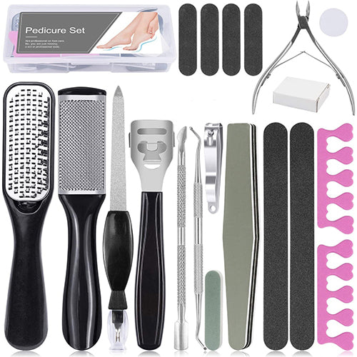 Comprehensive 20-piece professional pedicure set including rasps, callus removers, nippers, files, and toe separators.