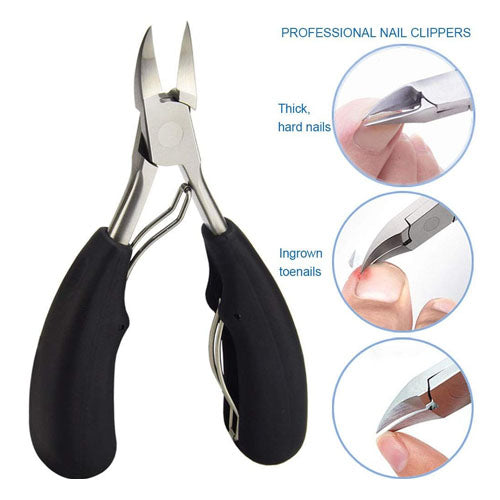 
A product image of professional nail clippers (nippers) with large, black ergonomic handles and curved stainless steel blades. Three circular insets demonstrate the clippers' uses: cutting thick, hard nails, trimming an ingrown toenail, and showing the curved blade design.
