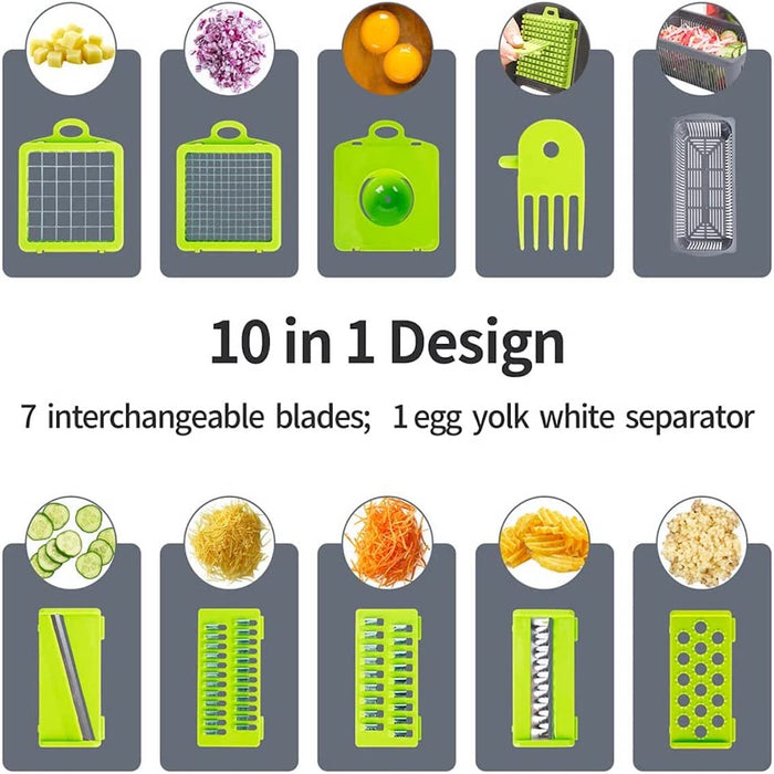 A diagram of a 10-in-1 vegetable cutter set showcasing all components. The top row shows two dicing grids, an egg separator, a cleaning fork, and a drainage basket. The bottom row shows five slicing/shredding blades (for slices, julienne, wavy cuts, and grating), with examples of the cuts for each.
