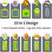 A diagram of a 10-in-1 vegetable cutter set showcasing all components. The top row shows two dicing grids, an egg separator, a cleaning fork, and a drainage basket. The bottom row shows five slicing/shredding blades (for slices, julienne, wavy cuts, and grating), with examples of the cuts for each.