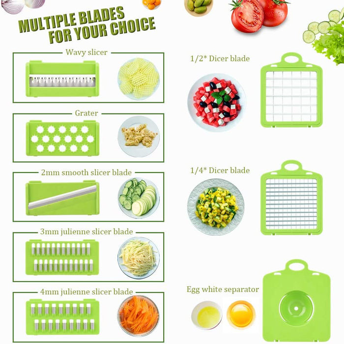 A composite image shows multiple blades for a vegetable slicer/dicer. Five mandoline inserts are shown (Wavy slicer, Grater, 2mm/3mm/4mm slicers), along with 1/2 (Dicer)1/4 (Dicer) grid cutters, and an Egg white separator.