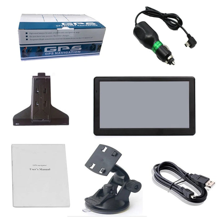 GPS navigation kit components: GPS unit, retail box, car charger, suction cup mount, cradle, USB cable, and manual.