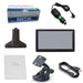GPS navigation kit components: GPS unit, retail box, car charger, suction cup mount, cradle, USB cable, and manual.
