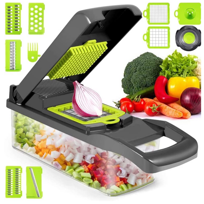 A complete vegetable chopper and slicer set is shown with a red onion ready for chopping, and the container filled with diced vegetables. The image also displays several interchangeable lime green blades and accessories, including dicing grids and a safety holder, surrounding the main unit.