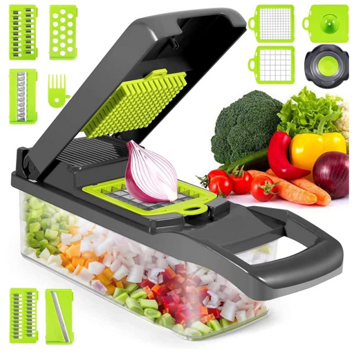 Multifunctional vegetable chopper and slicer with various interchangeable blades, shown with sliced vegetables in the transparent container and green accents.