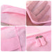 A four-panel close-up of a pink travel packing cube, detailing its features: a sewn handle, the durable mesh top, an internal or external pocket, and the double zipper closure with travel-themed pulls.