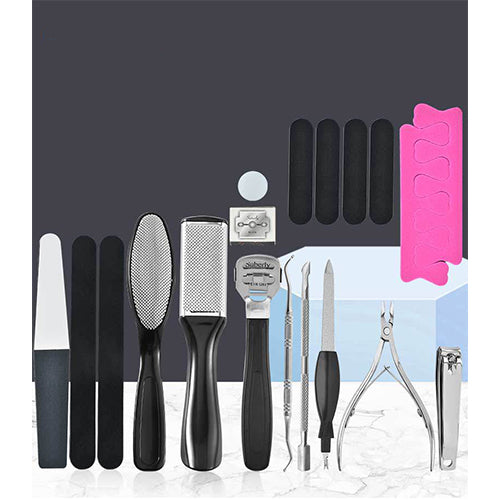 Pedicure set with foot rasps, callus removers, clippers, files, and toe separators.