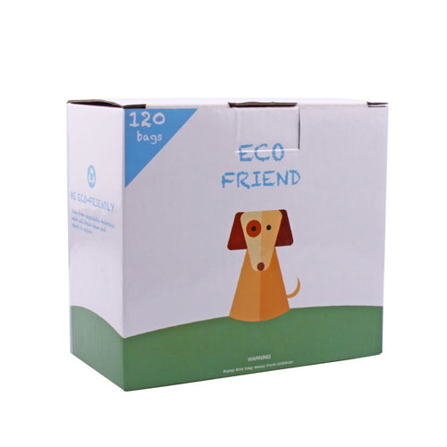 'ECO FRIEND' box for 120 pet waste bags, featuring a stylized dog graphic.