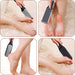 Collage showing hands using two different foot rasps/callus removers on various parts of bare feet on a white fluffy surface.