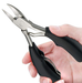 A person holding heavy duty toe nail clippers with stainless steel blades and black rubber handles.