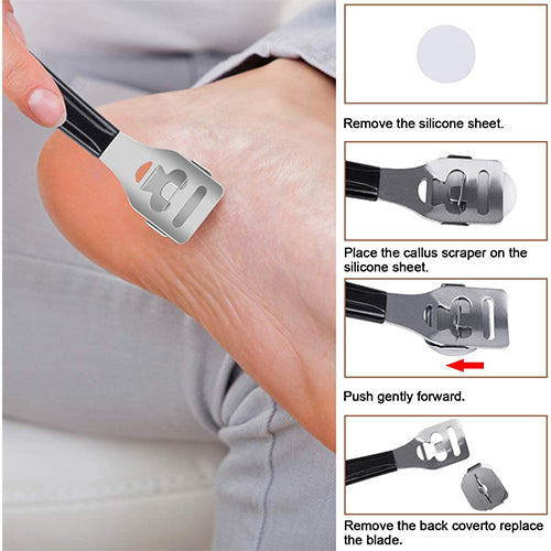 Composite image showing a blade-style callus shaver being used on a heel and step-by-step instructions for replacing the blade.