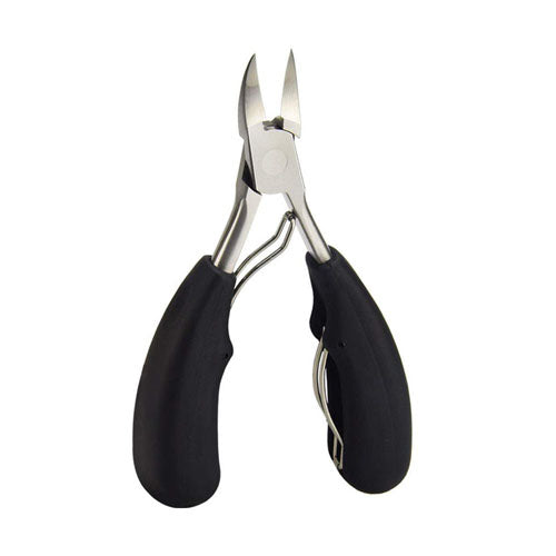 A person holding heavy duty toe nail clippers with stainless steel blades and black rubber handles.