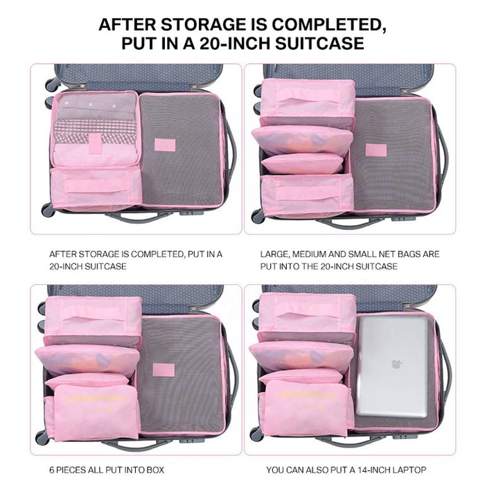 A four-panel graphic demonstrates how a set of pink travel packing cubes fits into a 20-inch suitcase. The images show different combinations, proving that all six organizer pieces fit, and even illustrate leaving room to include a 14-inch laptop, highlighting the set's efficiency as a luggage organizer.