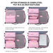A four-panel graphic demonstrates how a set of pink travel packing cubes fits into a 20-inch suitcase. The images show different combinations, proving that all six organizer pieces fit, and even illustrate leaving room to include a 14-inch laptop, highlighting the set's efficiency as a luggage organizer.