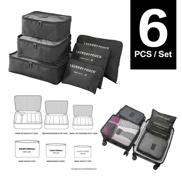 A promotional graphic for a 6-piece set of black travel packing cubes and laundry pouches, highlighting the quantity in the upper right. The image includes photos of the stacked mesh organizer bags, size diagrams for all components, and a final illustration showing the set fully organizing a small suitcase.