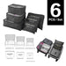 A promotional graphic for a 6-piece set of black travel packing cubes and laundry pouches, highlighting the quantity in the upper right. The image includes photos of the stacked mesh organizer bags, size diagrams for all components, and a final illustration showing the set fully organizing a small suitcase.