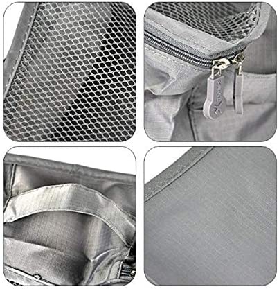 A four-panel close-up image detailing the features of a light gray travel packing cube. The panels show: the breathable mesh top material, the double zipper closure, an internal or external pocket/handle detail, and the smooth texture of the durable, lightweight fabric body.