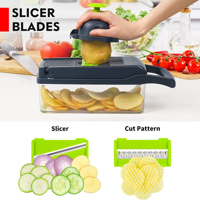 A composite image of a vegetable slicer and mandoline. The top shows a hand slicing a potato into the container. The bottom displays two interchangeable lime green blade inserts: a flat Slicer (for cucumber, onion, potato) and a Cut Pattern (wavy/waffle) blade.