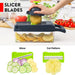 A composite image of a vegetable slicer and mandoline. The top shows a hand slicing a potato into the container. The bottom displays two interchangeable lime green blade inserts: a flat Slicer (for cucumber, onion, potato) and a Cut Pattern (wavy/waffle) blade.