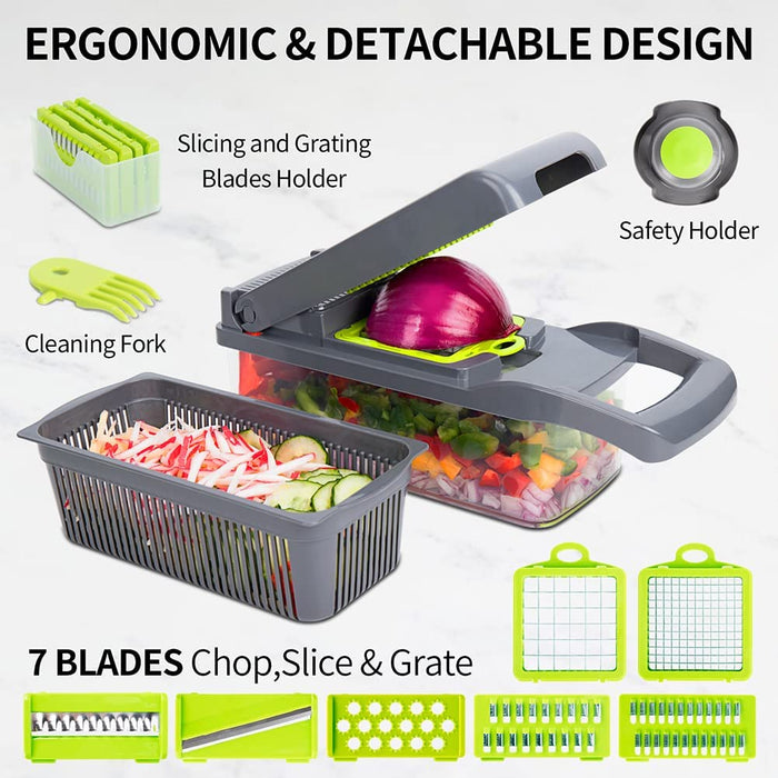 A detailed image of a vegetable chopper, slicer, and grater set with accessories. The main unit is shown dicing a red onion and bell peppers. Accessories include a blade caddy, safety holder, cleaning fork, and a drainage basket. The bottom highlights the 7 included lime green blades for various cuts.