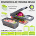 A detailed image of a vegetable chopper, slicer, and grater set with accessories. The main unit is shown dicing a red onion and bell peppers. Accessories include a blade caddy, safety holder, cleaning fork, and a drainage basket. The bottom highlights the 7 included lime green blades for various cuts.
